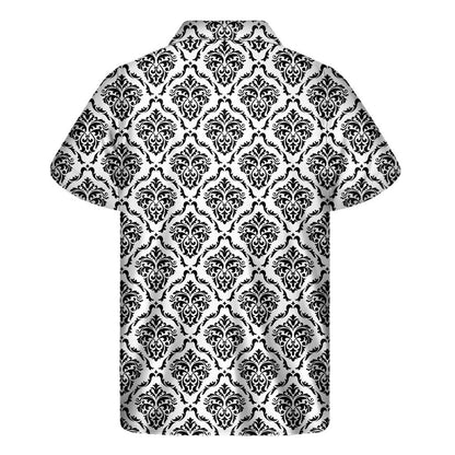 White And Black Damask Pattern Print Mens Short Sleeve Shirt Hawaiian