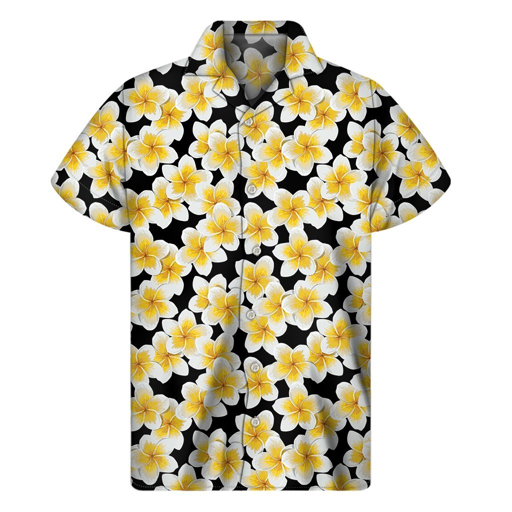 White And Black Frangipani Pattern Print Mens Short Sleeve Shirt Hawaiian