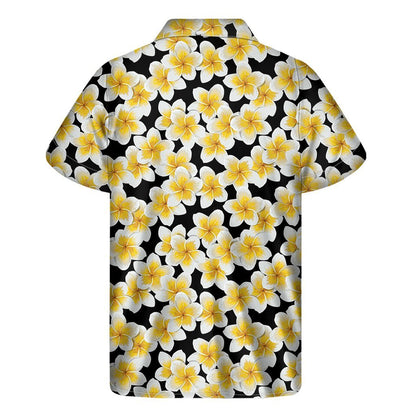 White And Black Frangipani Pattern Print Mens Short Sleeve Shirt Hawaiian