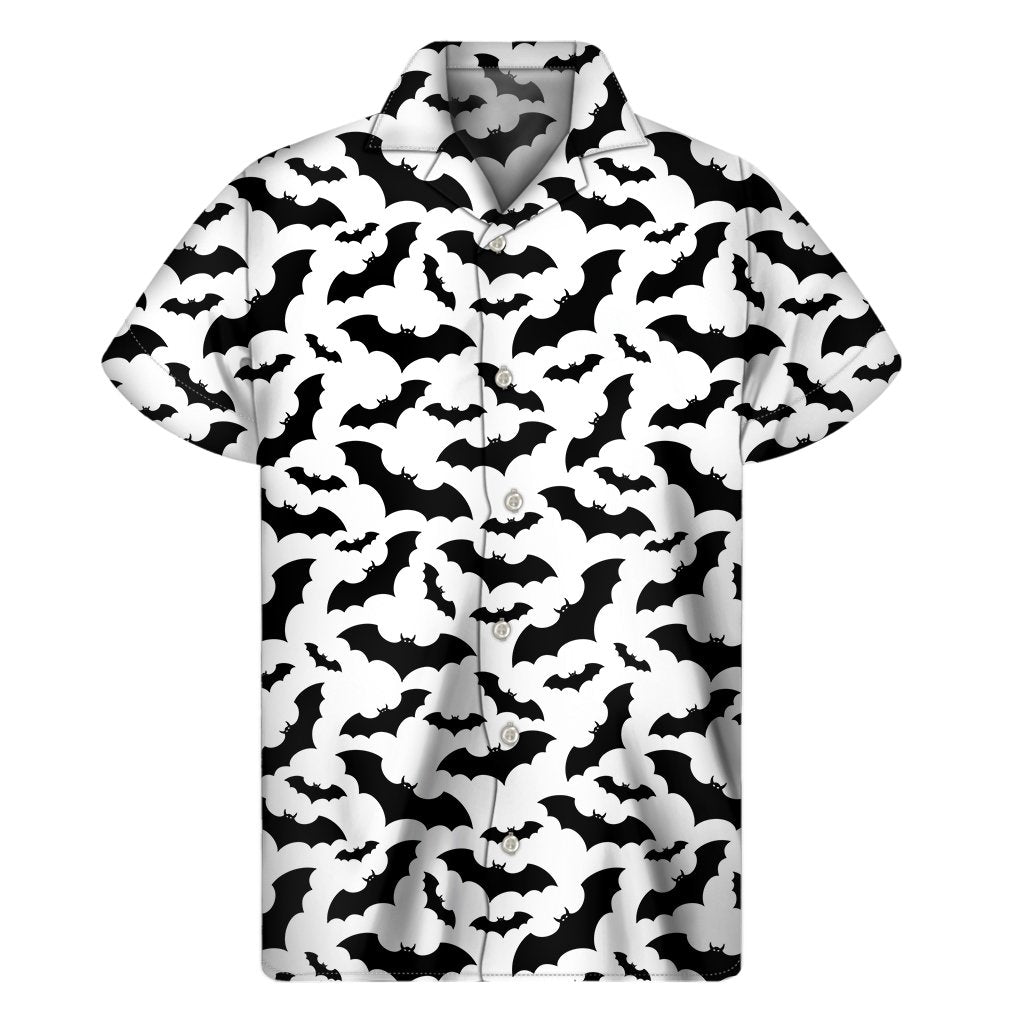 White And Black Halloween Bat Print Mens Short Sleeve Shirt Hawaiian