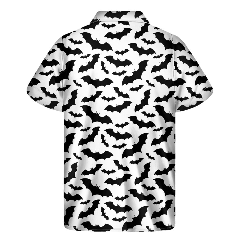 White And Black Halloween Bat Print Mens Short Sleeve Shirt Hawaiian