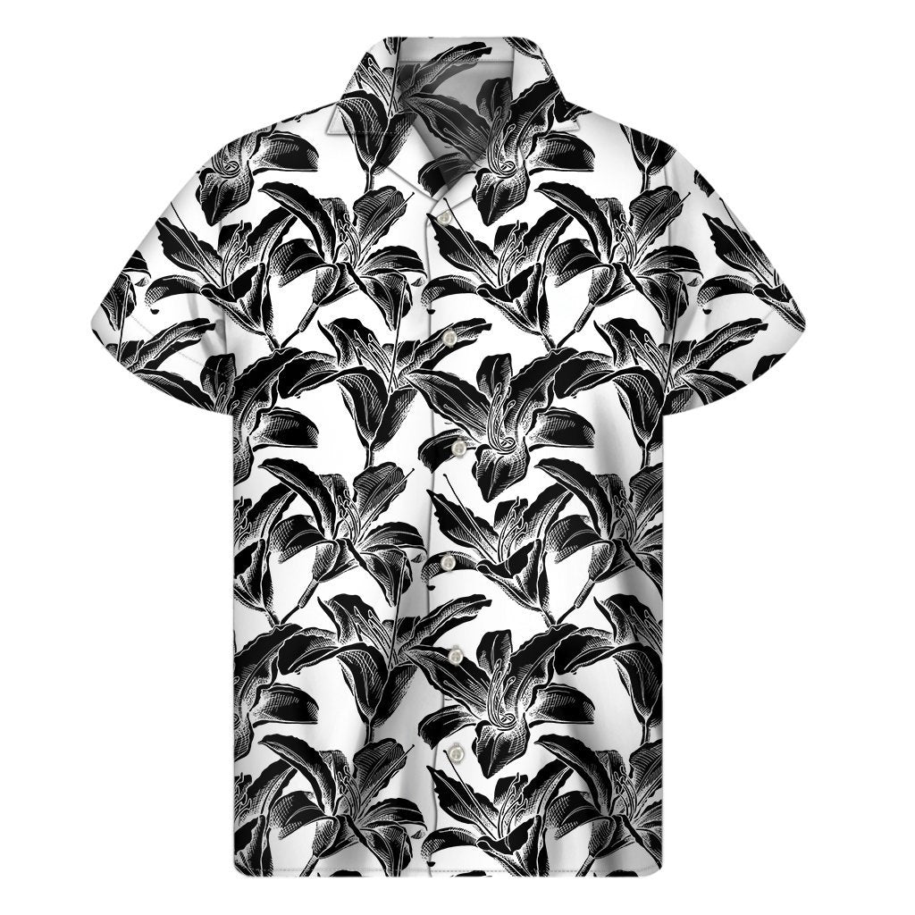 White And Black Lily Pattern Print Mens Short Sleeve Shirt Hawaiian