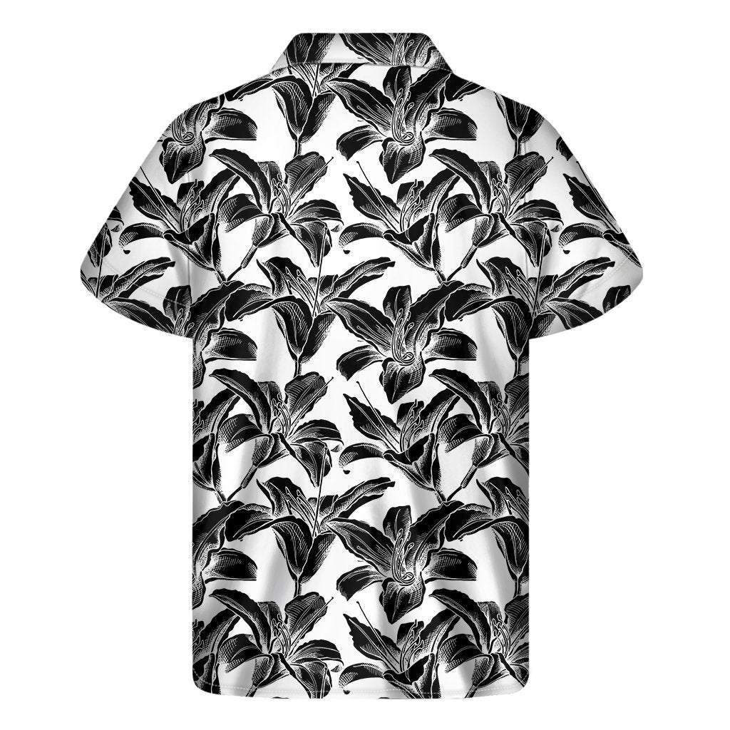 White And Black Lily Pattern Print Mens Short Sleeve Shirt Hawaiian