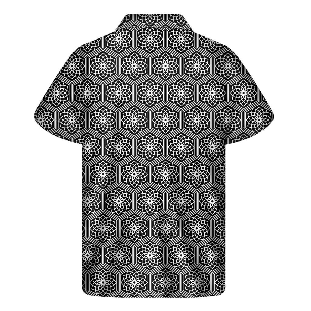 White And Black Lotus Pattern Print Mens Short Sleeve Shirt Hawaiian