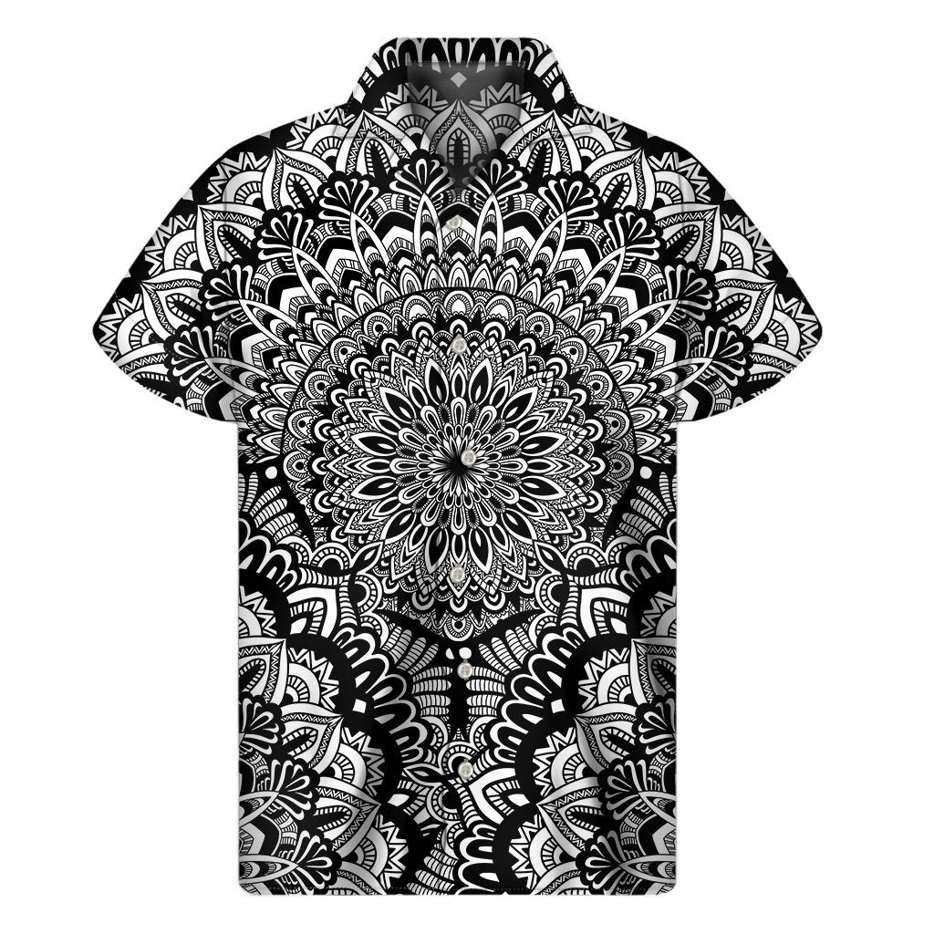 White And Black Mandala Print Mens Short Sleeve Shirt Hawaiian