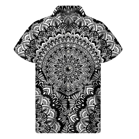 White And Black Mandala Print Mens Short Sleeve Shirt Hawaiian