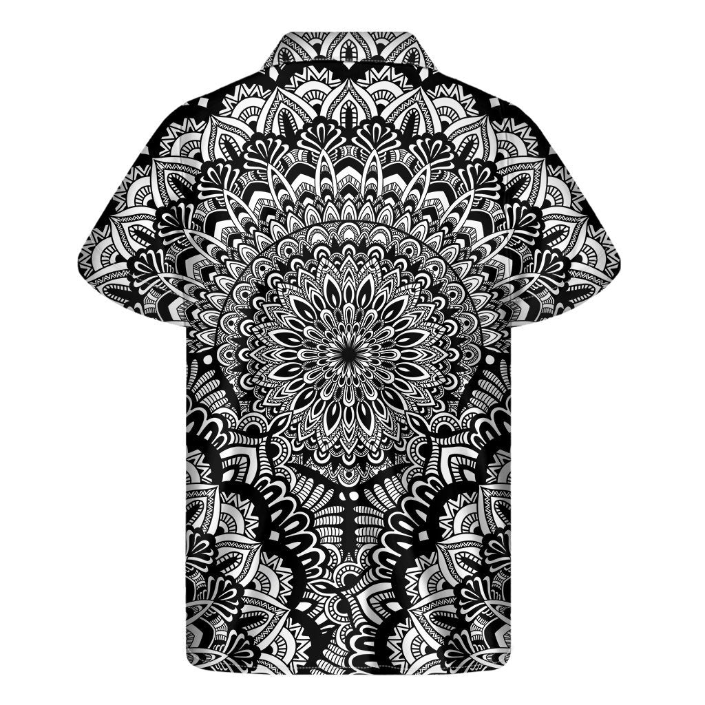 White And Black Mandala Print Mens Short Sleeve Shirt Hawaiian