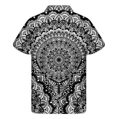 White And Black Mandala Print Mens Short Sleeve Shirt Hawaiian