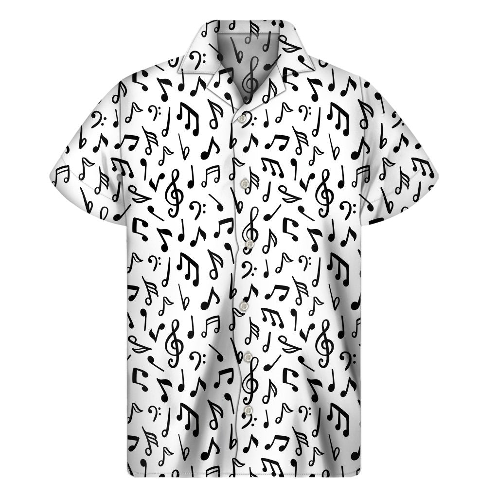 White And Black Music Note Pattern Print Mens Short Sleeve Shirt Hawaiian