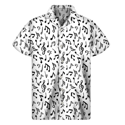 White And Black Music Note Pattern Print Mens Short Sleeve Shirt Hawaiian