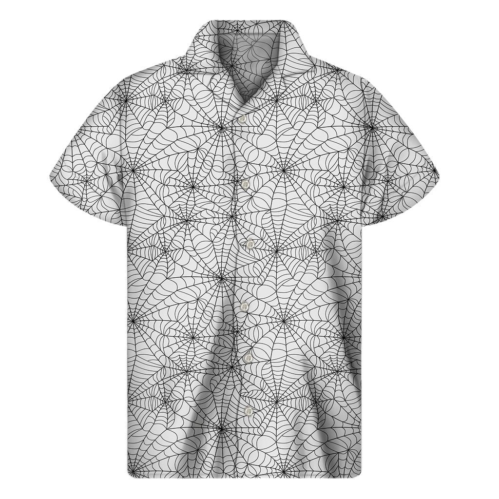 White And Black Spider Web Pattern Print Mens Short Sleeve Shirt Hawaiian