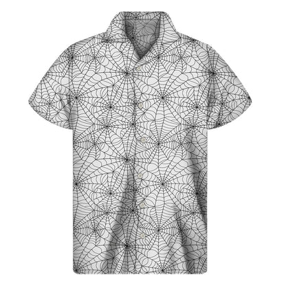 White And Black Spider Web Pattern Print Mens Short Sleeve Shirt Hawaiian