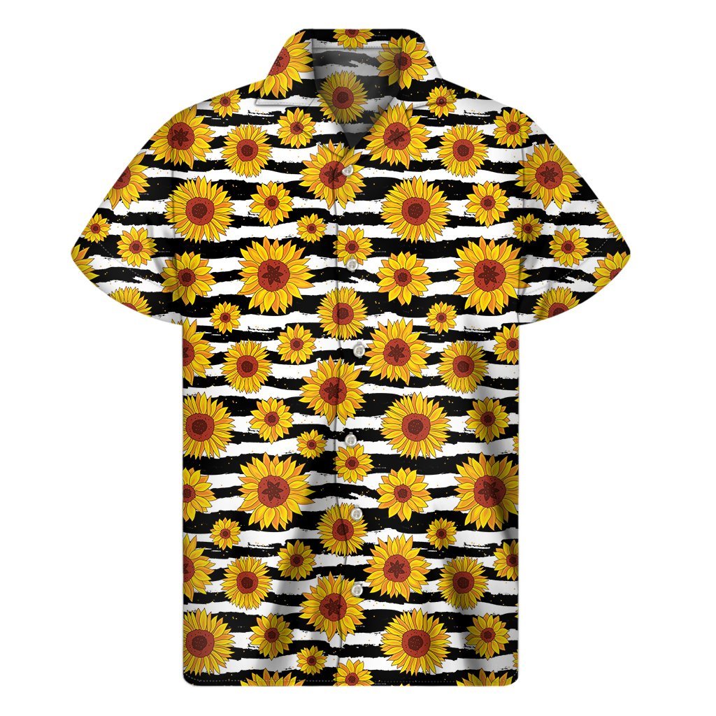 White And Black Stripe Sunflower Print Mens Short Sleeve Shirt Hawaiian