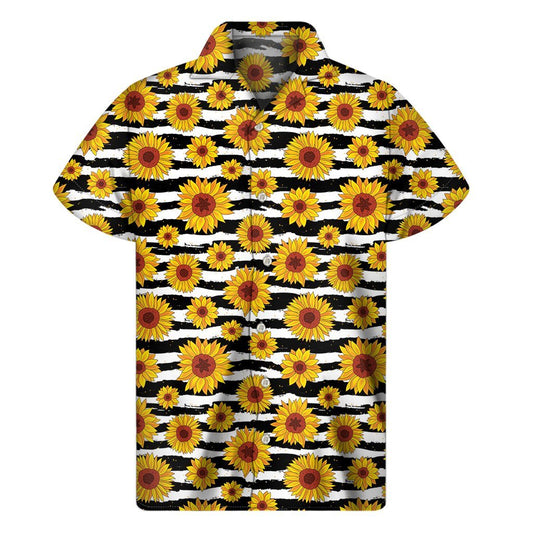 White And Black Stripe Sunflower Print Mens Short Sleeve Shirt Hawaiian