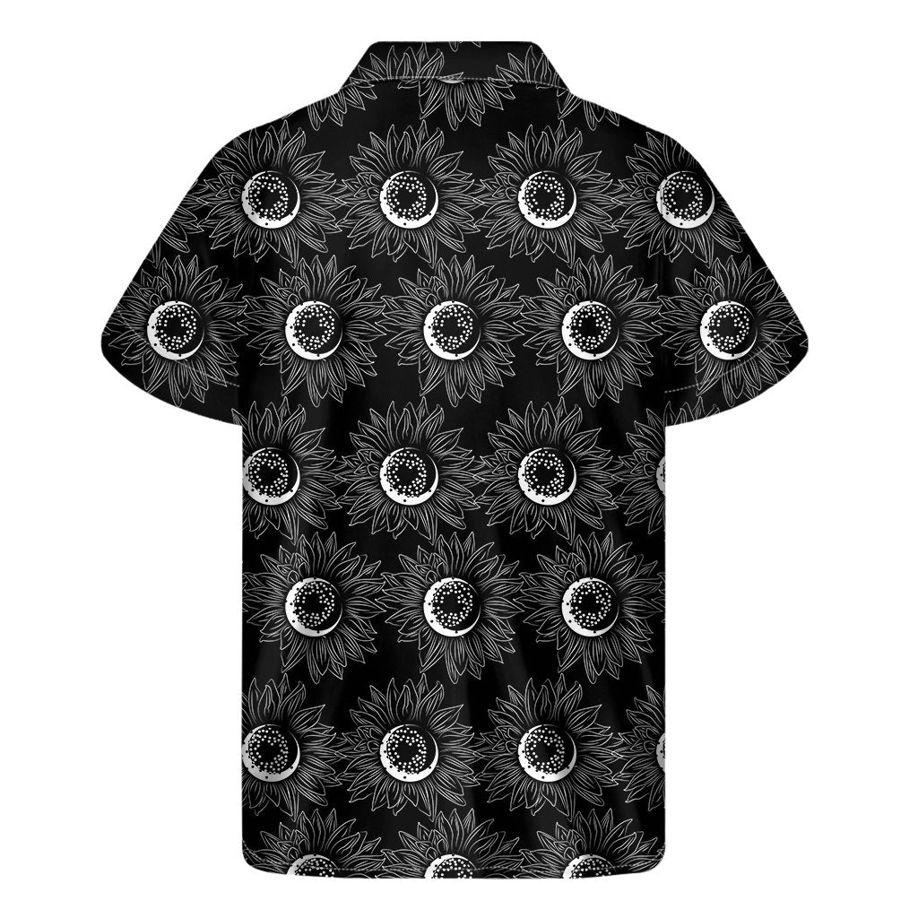 White And Black Sunflower Pattern Print Mens Short Sleeve Shirt Hawaiian