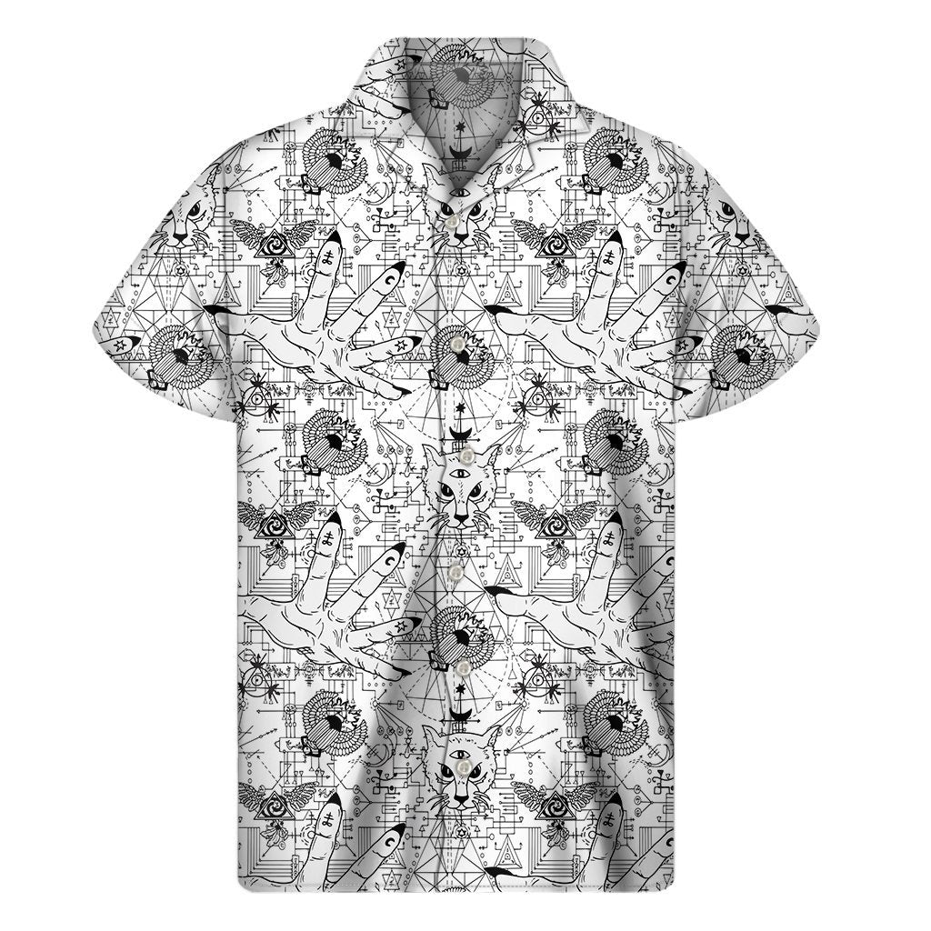 White And Black Wicca Magical Print Mens Short Sleeve Shirt Hawaiian