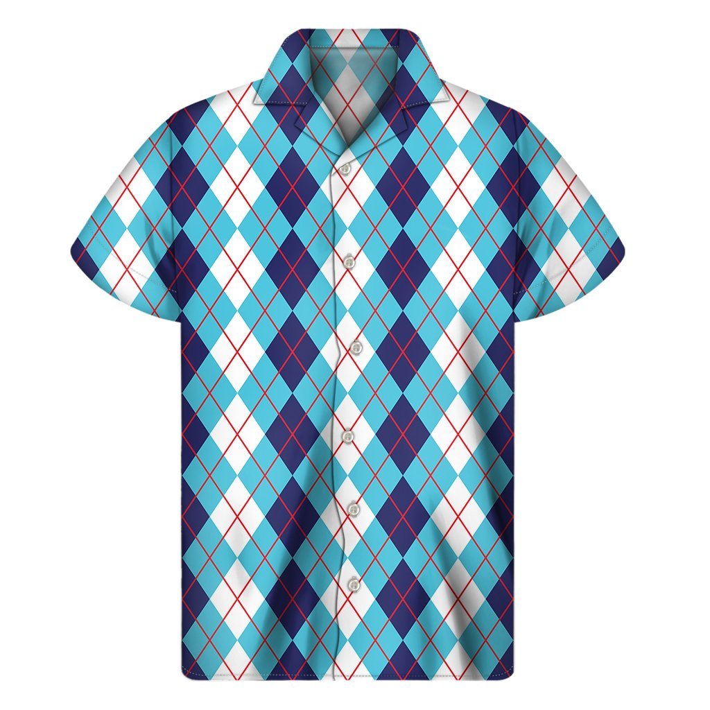 White And Blue Argyle Pattern Print Mens Short Sleeve Shirt Hawaiian