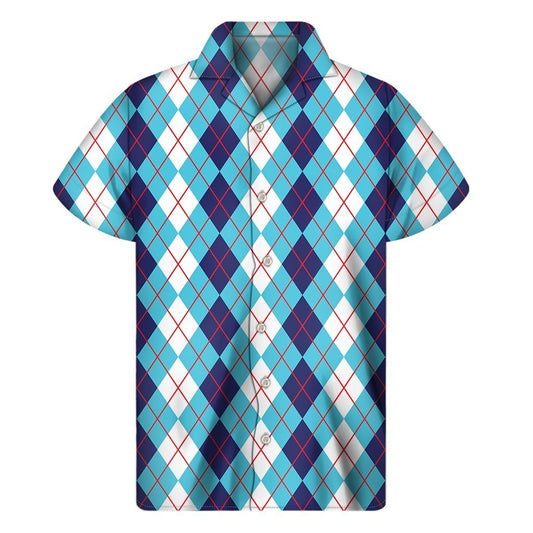 White And Blue Argyle Pattern Print Mens Short Sleeve Shirt Hawaiian