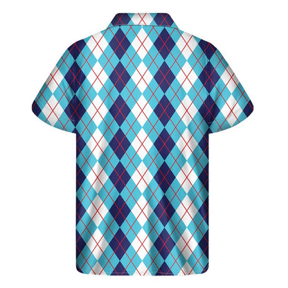 White And Blue Argyle Pattern Print Mens Short Sleeve Shirt Hawaiian