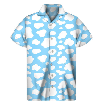 White And Blue Cow Print Mens Short Sleeve Shirt Hawaiian