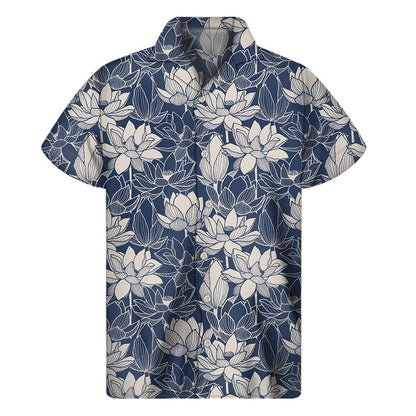 White And Blue Lotus Flower Print Mens Short Sleeve Shirt Hawaiian