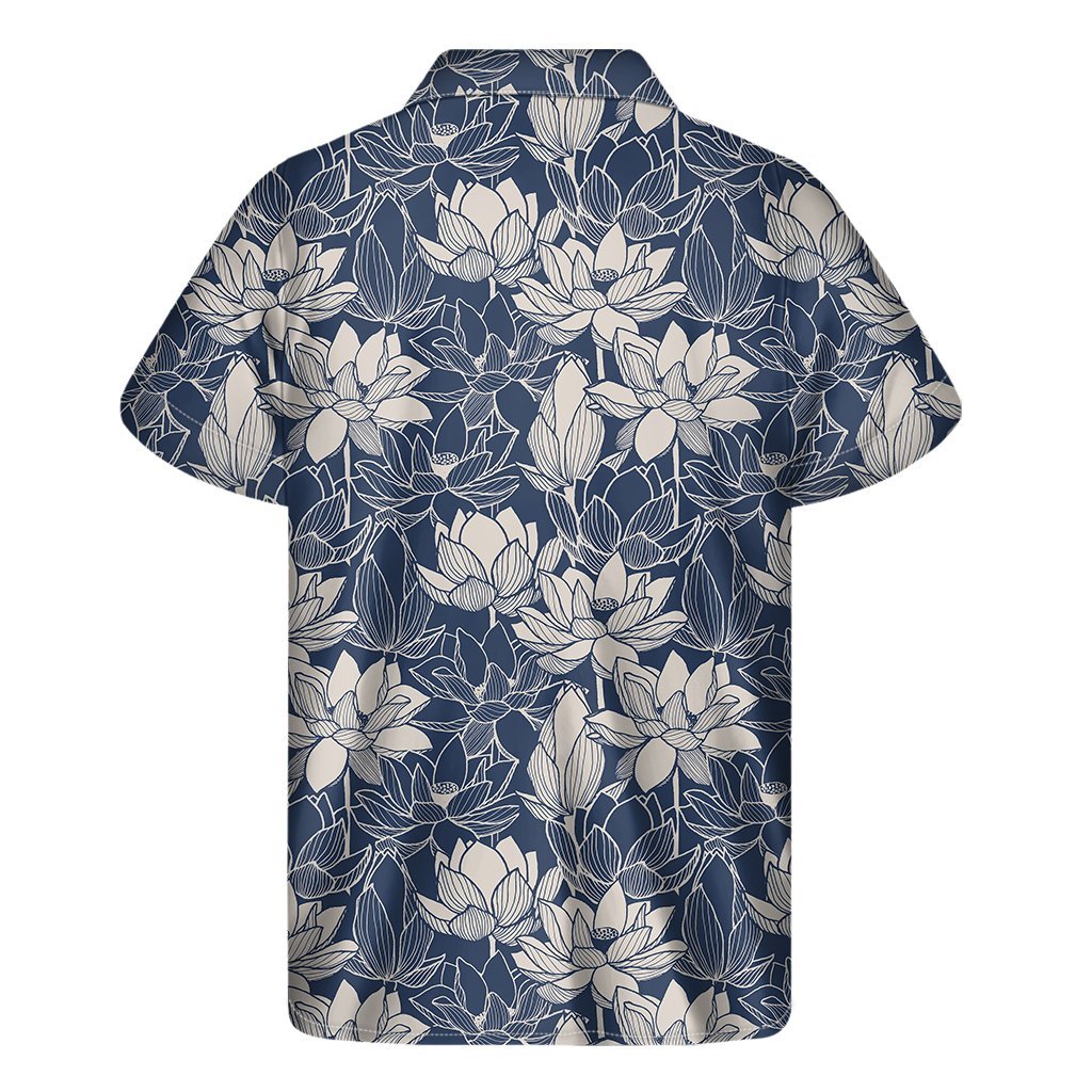 White And Blue Lotus Flower Print Mens Short Sleeve Shirt Hawaiian