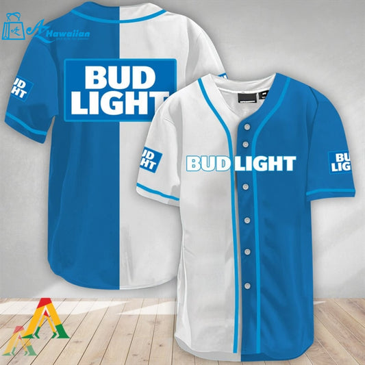 White And Blue Split Bud Light Baseball Jersey