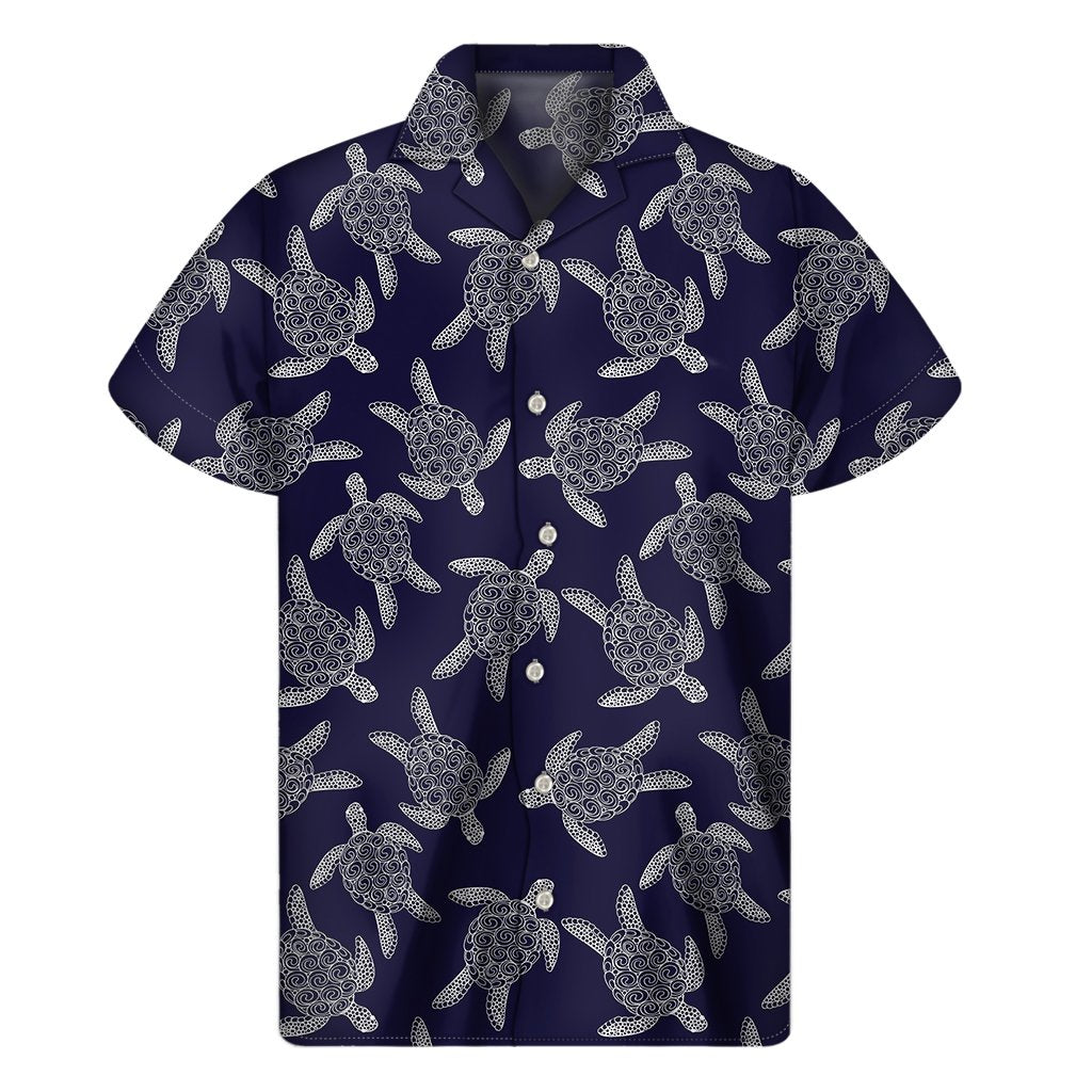 White And Blue Turtle Pattern Print Mens Short Sleeve Shirt Hawaiian