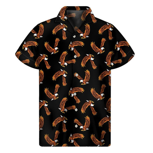 White And Brown Eagle Pattern Print Mens Short Sleeve Shirt Hawaiian