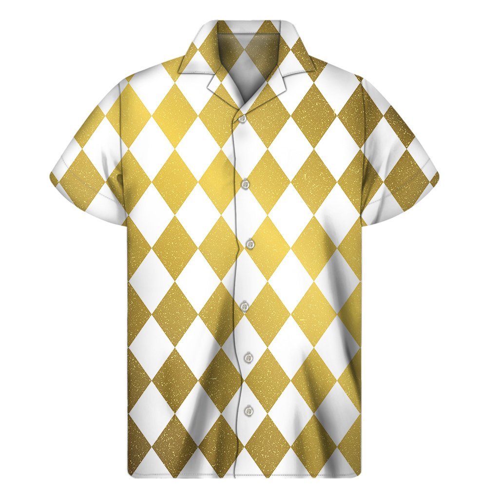 White And Gold Harlequin Pattern Print Mens Short Sleeve Shirt Hawaiian