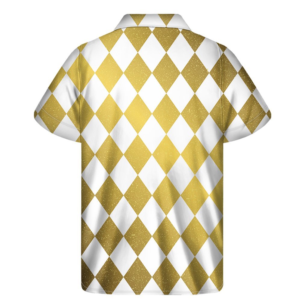 White And Gold Harlequin Pattern Print Mens Short Sleeve Shirt Hawaiian