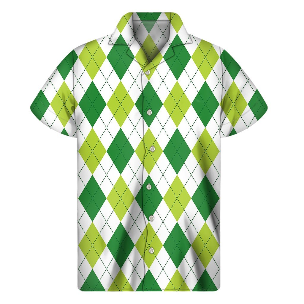 White And Green Argyle Pattern Print Mens Short Sleeve Shirt Hawaiian