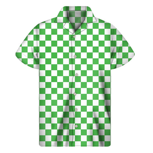 White And Green Checkered Print Mens Short Sleeve Shirt Hawaiian