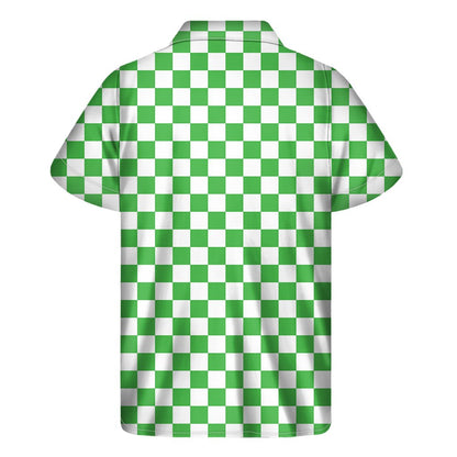 White And Green Checkered Print Mens Short Sleeve Shirt Hawaiian