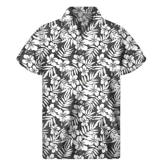 White And Grey Hawaiian Pattern Print Mens Short Sleeve Shirt