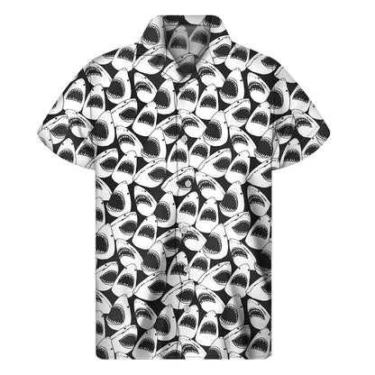 White And Grey Shark Pattern Print Mens Short Sleeve Shirt Hawaiian