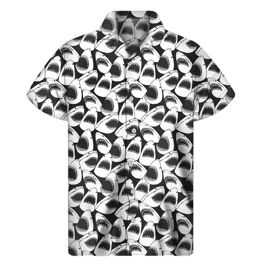 White And Grey Shark Pattern Print Mens Short Sleeve Shirt Hawaiian