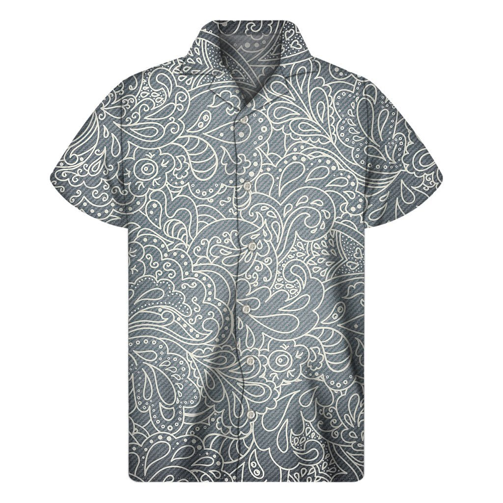 White And Grey Western Floral Print Mens Short Sleeve Shirt Hawaiian