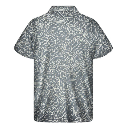 White And Grey Western Floral Print Mens Short Sleeve Shirt Hawaiian