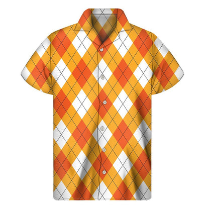 White And Orange Argyle Pattern Print Mens Short Sleeve Shirt Hawaiian