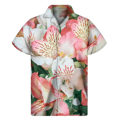 White And Pink Alstroemeria Print Mens Short Sleeve Shirt Hawaiian