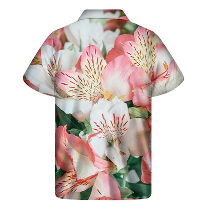 White And Pink Alstroemeria Print Mens Short Sleeve Shirt Hawaiian