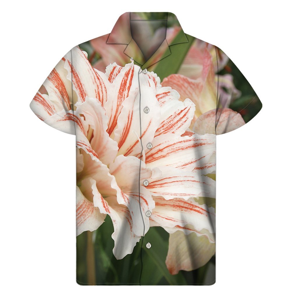 White And Pink Amaryllis Print Mens Short Sleeve Shirt Hawaiian