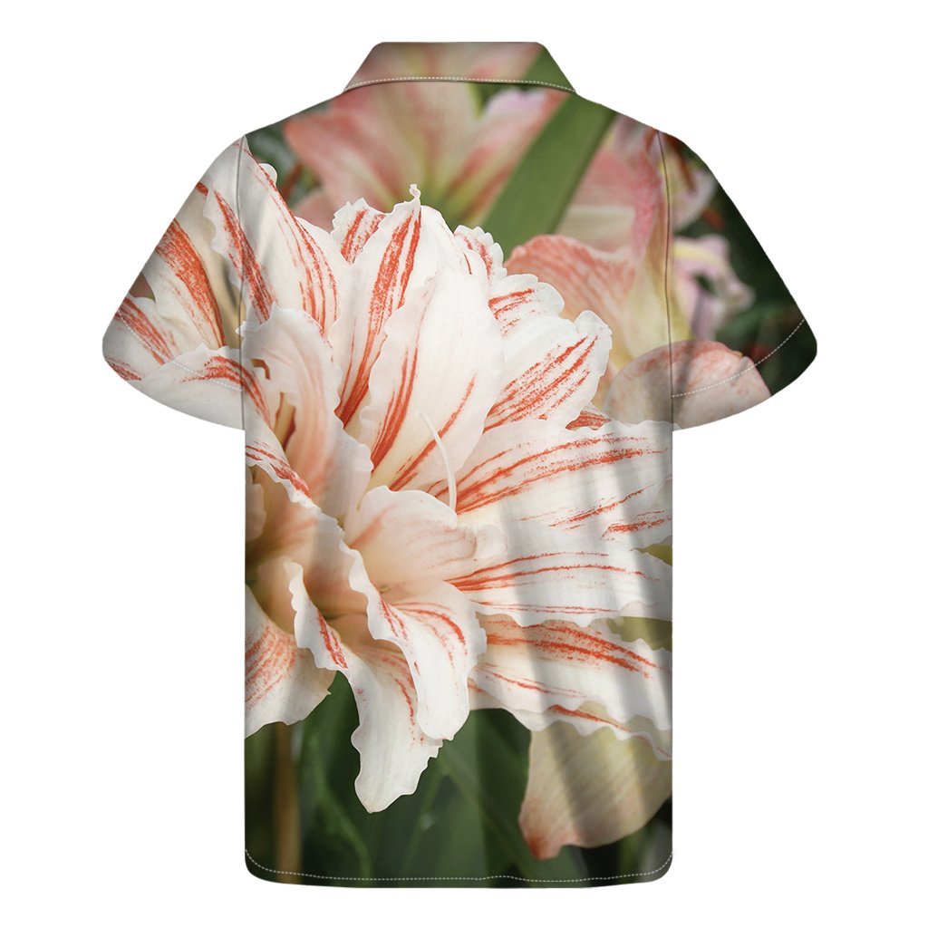 White And Pink Amaryllis Print Mens Short Sleeve Shirt Hawaiian