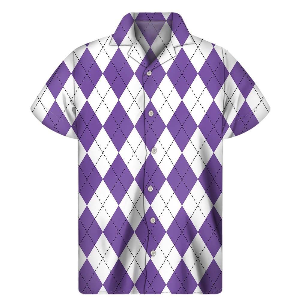 White And Purple Argyle Pattern Print Mens Short Sleeve Shirt Hawaiian