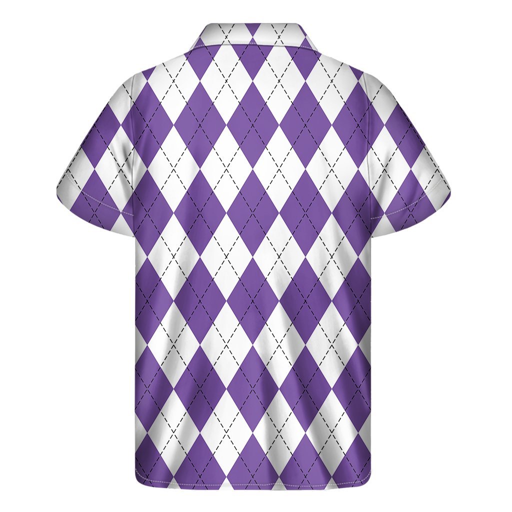 White And Purple Argyle Pattern Print Mens Short Sleeve Shirt Hawaiian