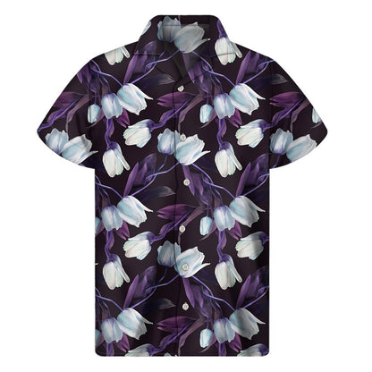 White And Purple Tulip Pattern Print Mens Short Sleeve Shirt Hawaiian