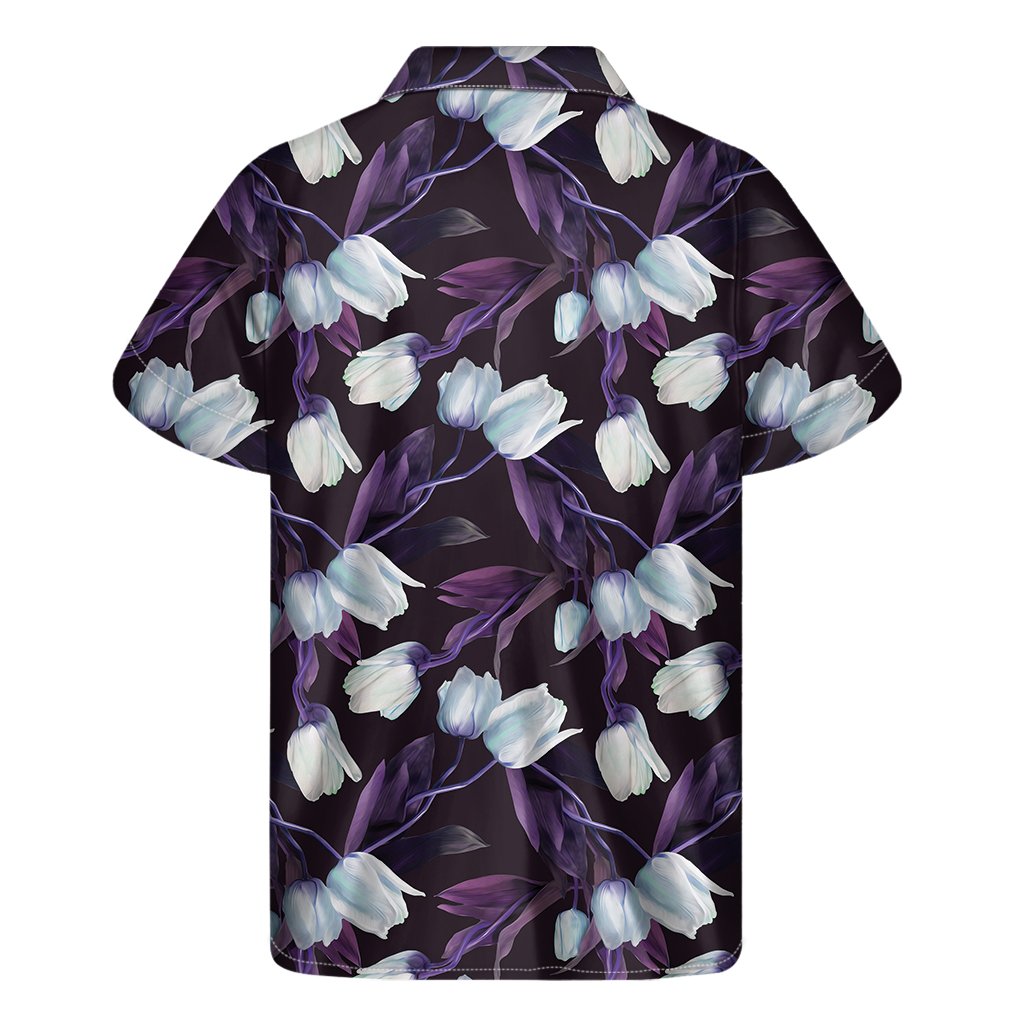 White And Purple Tulip Pattern Print Mens Short Sleeve Shirt Hawaiian