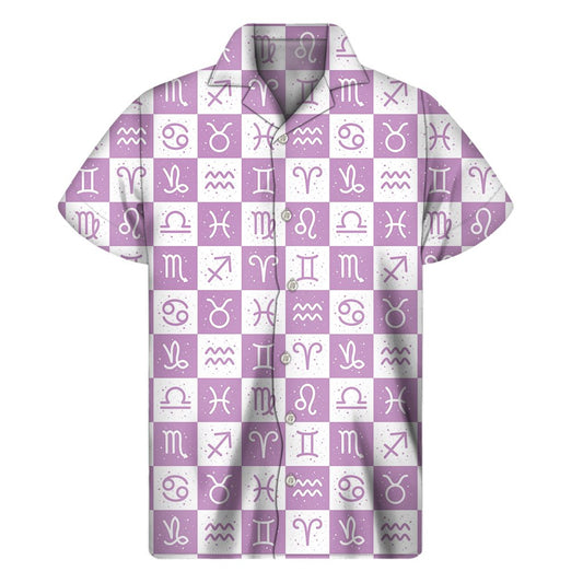 White And Purple Zodiac Signs Print Mens Short Sleeve Shirt Hawaiian