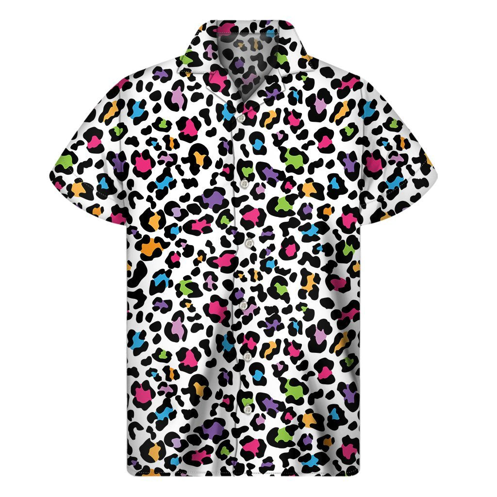 White And Rainbow Leopard Print Mens Short Sleeve Shirt Hawaiian